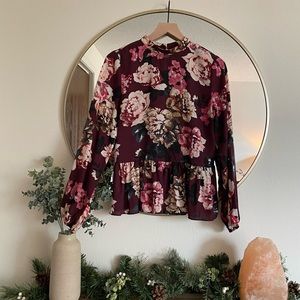 LOFT Long Sleeve Floral Peplum Blouse Size Small